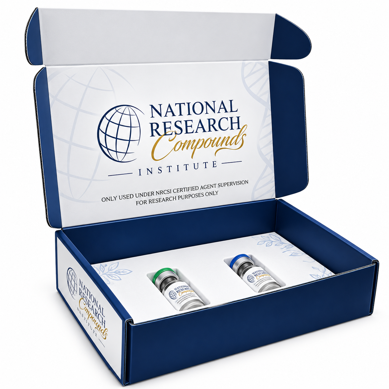 NRCSI branded research compound kit with vials in a navy and white box